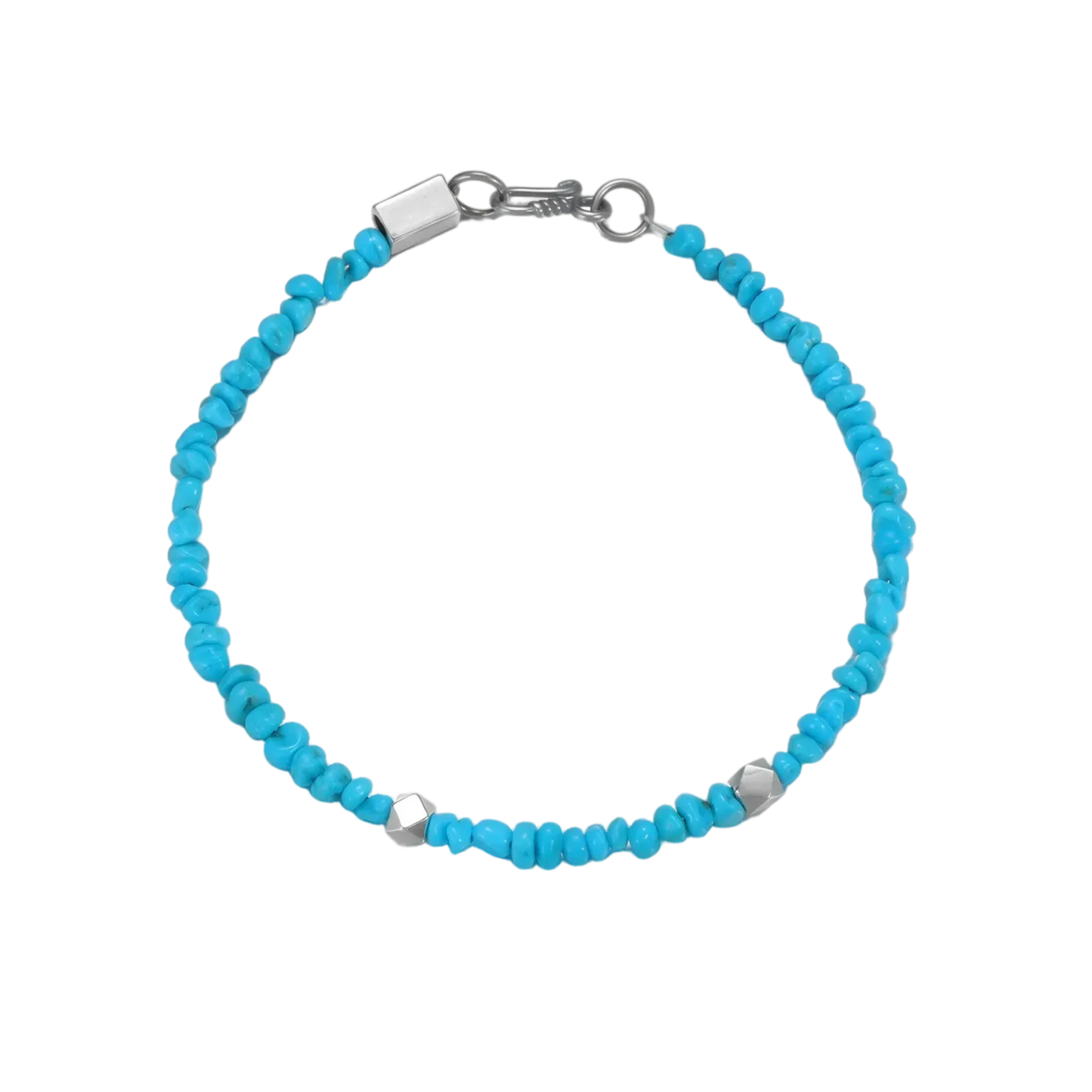 Top down view of the Clear Sky Tibetan turquoise bracelet laid flat, emphasizing stone uniformity.