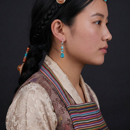 Close-up profile of a model wearing the Grounding Drops Tibetan turquoise earrings for emotional balance.