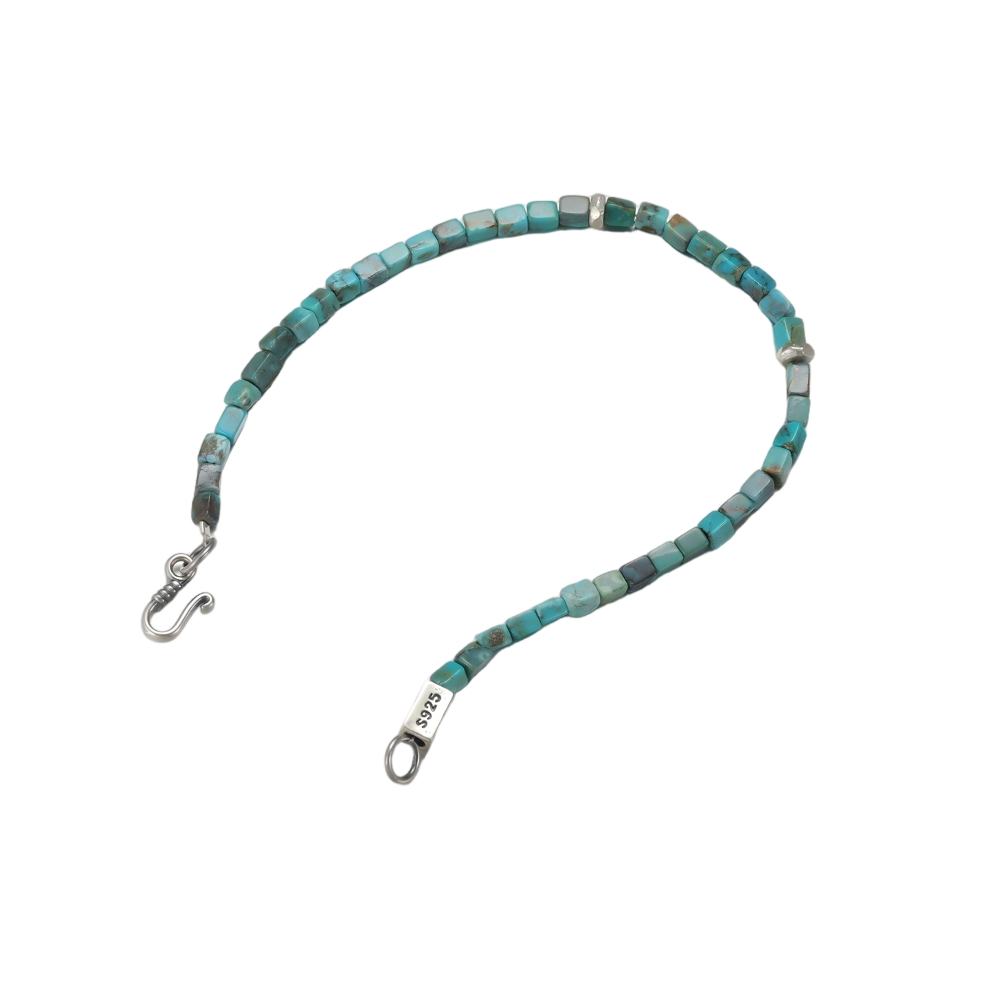 Detailed view of the precision-cut turquoise cubes and hand-finished sterling silver spacers.