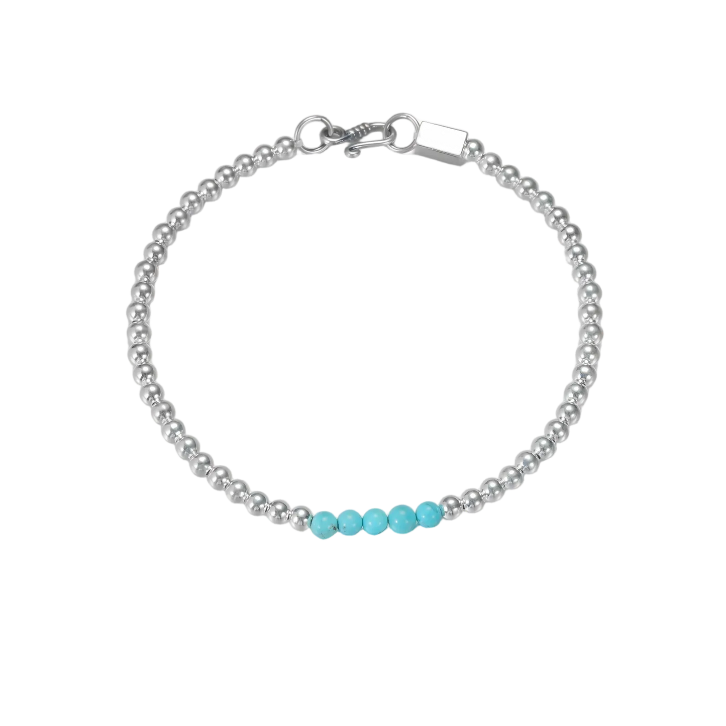 Angled view of the silver bead bracelet on a white background, showing the luster of the high-porcelain turquoise.