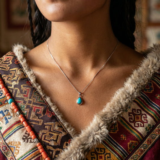 Close-up of a model wearing the Pure Drop necklace, showcasing its elegant and simple silhouette.
