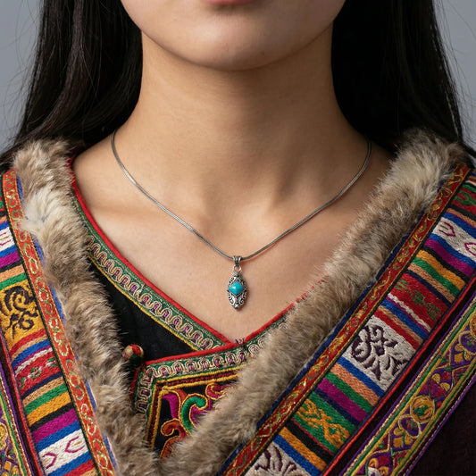 Close-up of a model wearing the Sentinel Crest necklace for spiritual protection and style.