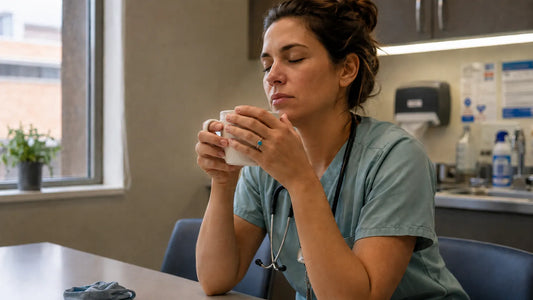 A healthcare worker sitting alone in a break room, wearing a turquoise ring, hands around a cup.
