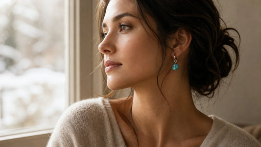 Turquoise December birthstone earrings worn near the face with quiet everyday elegance.