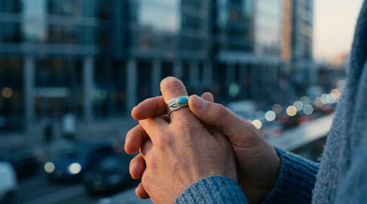 A man finding calm in a busy city using an artisan crafted jewelry ring, acting as one of nature's most effective grounding stones against modern anxiety.