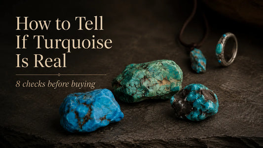 Authentic Tibetan turquoise with visible dark matrix, used as a guide for identifying real vs fake turquoise.