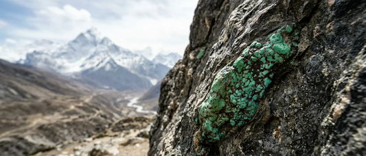 A natural vein of raw greenish-blue Tibetan turquoise stone embedded in dark host rock, showcasing its ancient geological formation high in the Himalayan mountains.