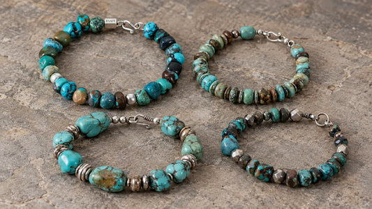 Tibetan turquoise bracelets showing stone variation, bead arrangement, and craftsmanship details
