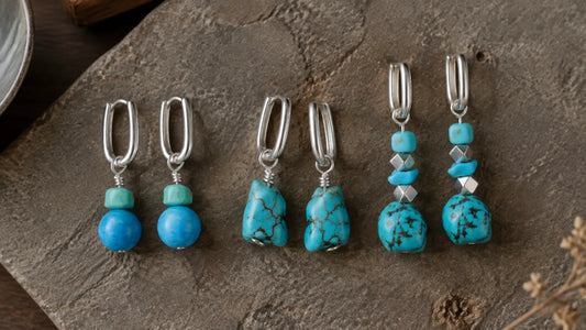 Tibetan turquoise earrings showing different earring structures and natural stone variation
