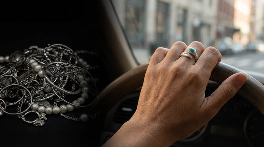 A split view showing tangled, discarded accessories versus a woman driving with a sustainable jewelry ring, visually illustrating why we reject fast fashion jewelry?