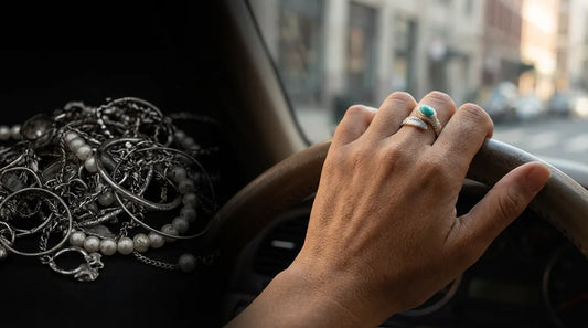 A split view showing tangled, discarded accessories versus a woman driving with a sustainable jewelry ring, visually illustrating why we reject fast fashion jewelry?