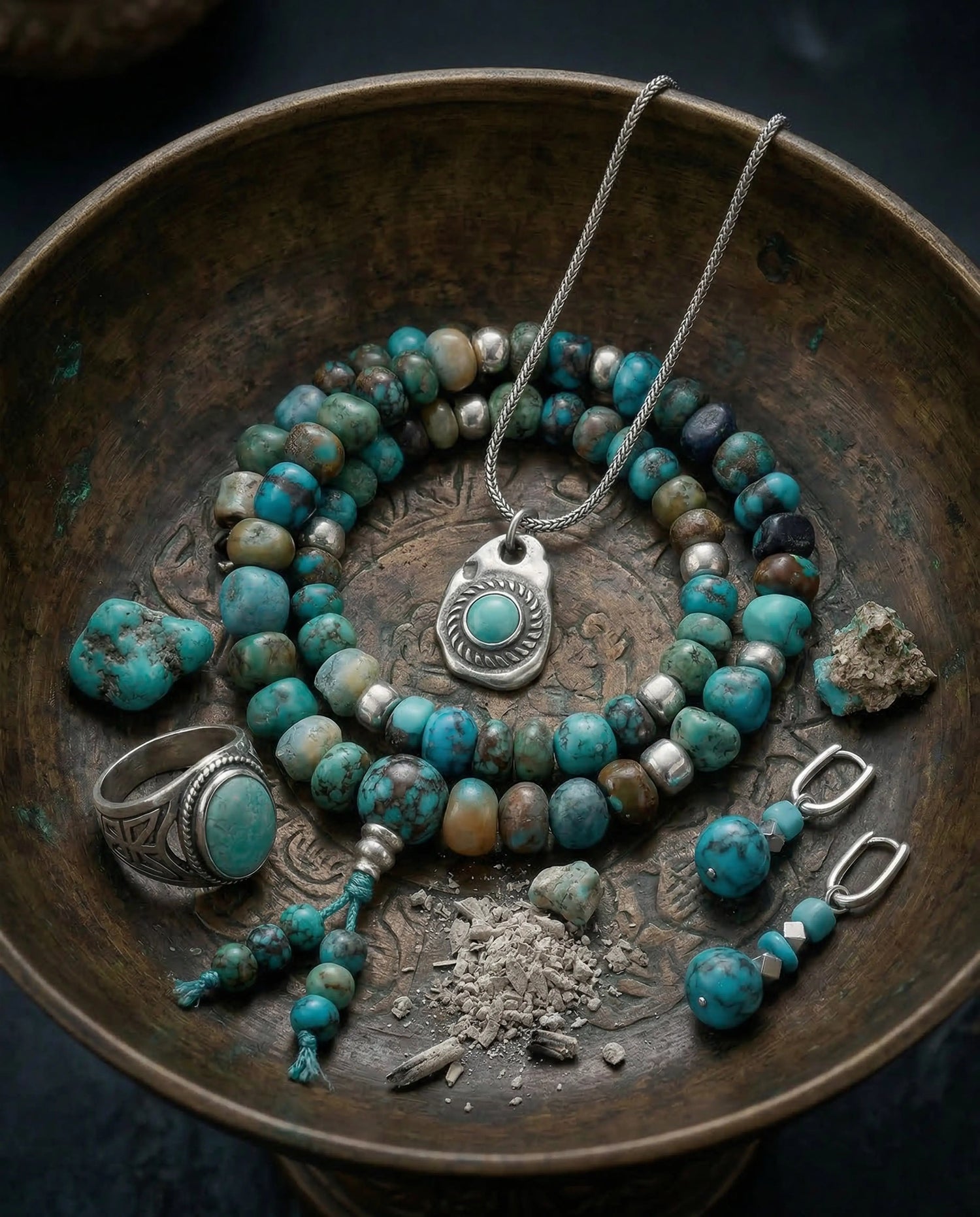A dynamic editorial flat lay showcasing an assortment of all types of authentic Tibetan turquoise jewelry, including necklaces, rings, and bracelets, artfully arranged on raw Himalayan slate stone, representing the entire Earth's Offerings Collection.