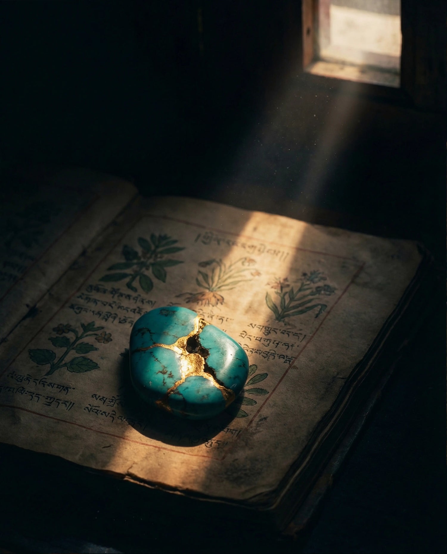 A vibrant natural Tibetan turquoise stone illuminated by a single warm beam of light in a dark room, symbolizing the spiritual Healing Collection.