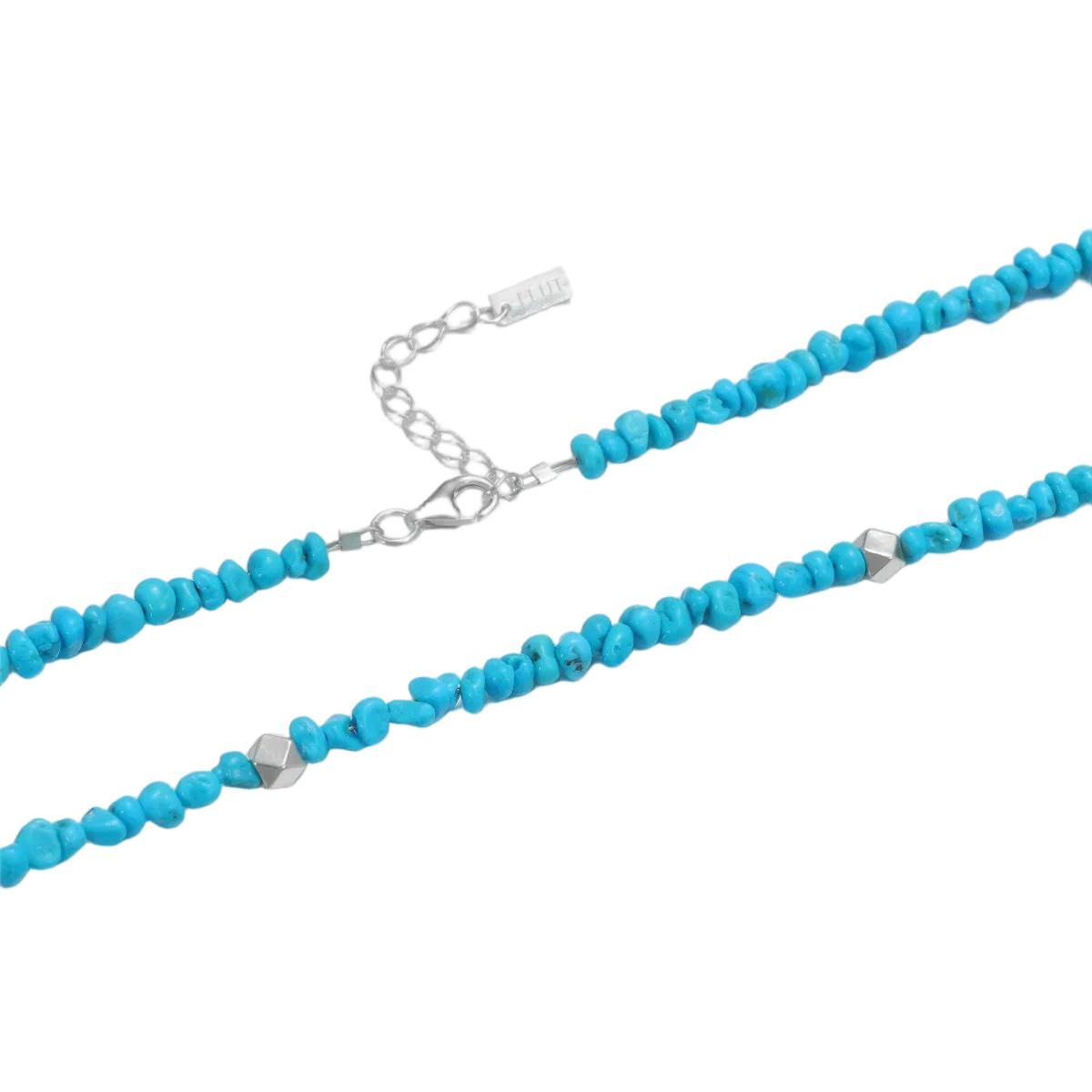 Detailed view of the faceted 925 sterling silver beads and secure clasp on the turquoise chip choker.