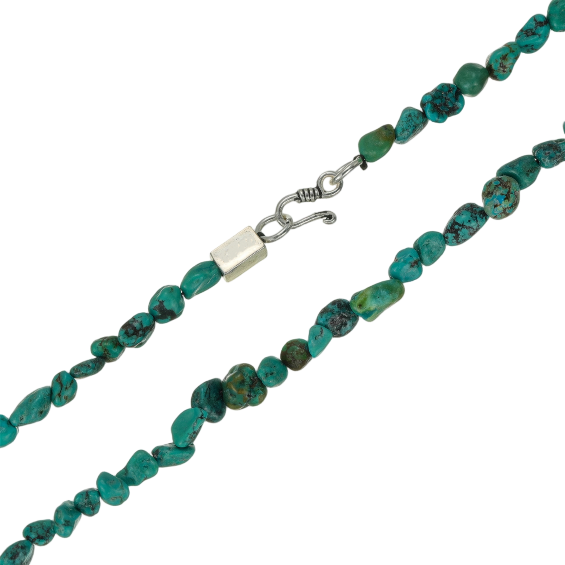 Close-up of the discrete 925 sterling silver clasp on the Tibetan turquoise chip necklace.