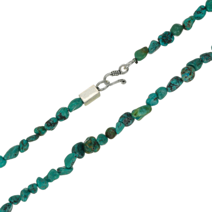 Close-up of the discrete 925 sterling silver clasp on the Tibetan turquoise chip necklace.