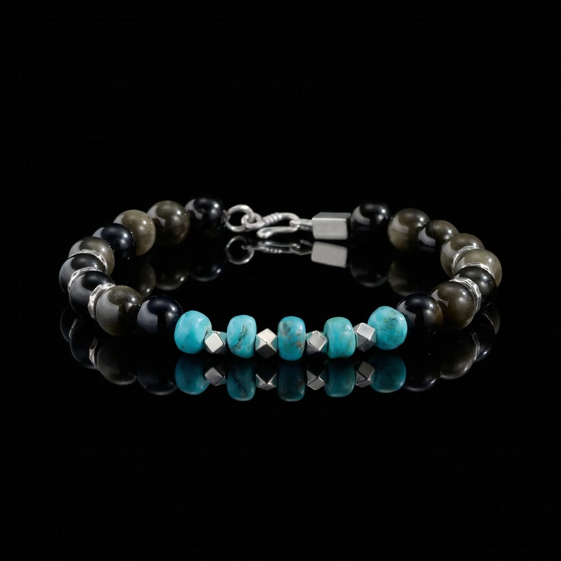 The Eclipse Bracelet featuring dark obsidian beads, turquoise rondelles, and silver geometric spacers.