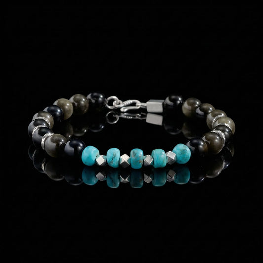 The Eclipse Bracelet featuring dark obsidian beads, turquoise rondelles, and silver geometric spacers.
