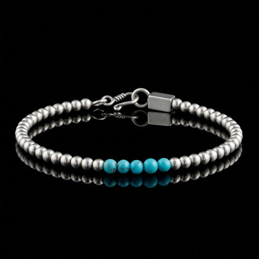 The Endless Loop Bracelet featuring solid 925 sterling silver beads and five vibrant Tibetan turquoise spheres.