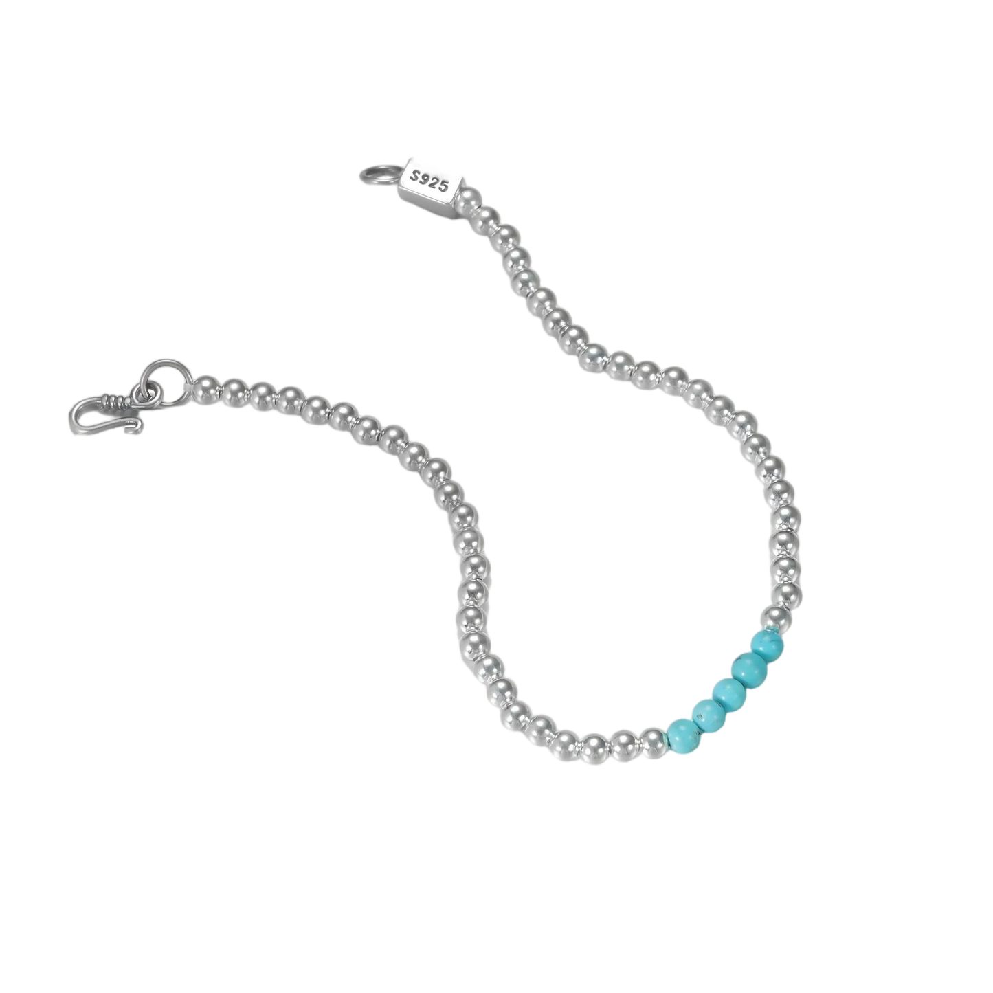 Full view of the Endless Loop Tibetan turquoise and silver bracelet on a white background, highlighting the silver clasp.