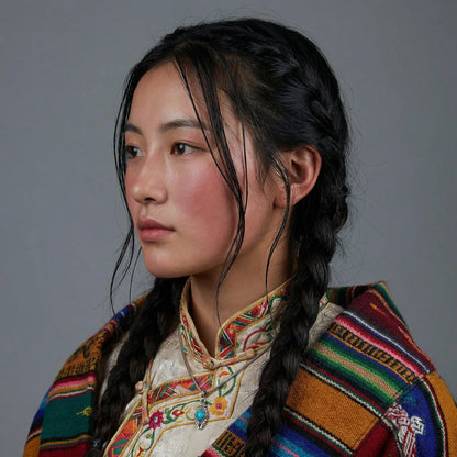 Side profile of a model wearing the Tibetan turquoise protector necklace in a traditional setting.