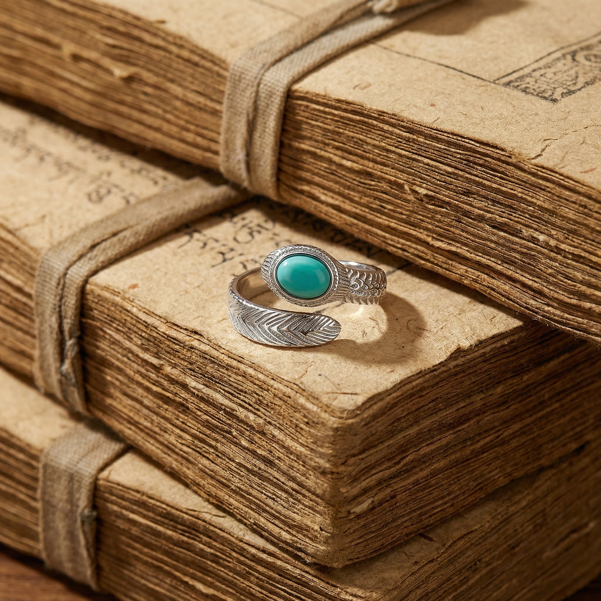 The Insight Feather Ring displayed on ancient weathered Tibetan books, reflecting a heritage of wisdom.