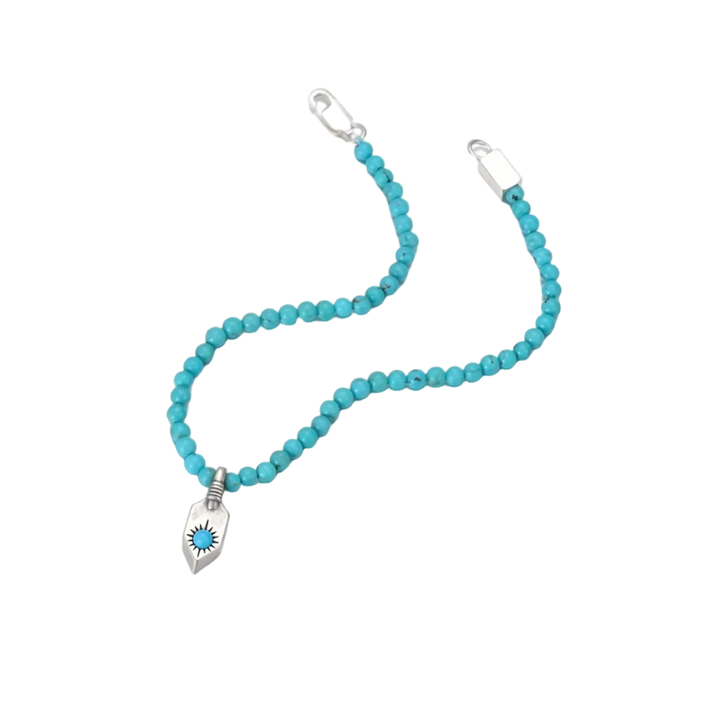 Angled view of the fluid turquoise bead bracelet and the hand-stamped silver shield charm.