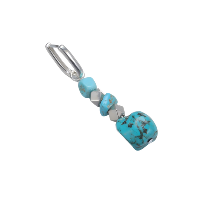 Angled view of the cascading Tibetan turquoise beads and faceted silver cube spacers on the Grounding Drops.