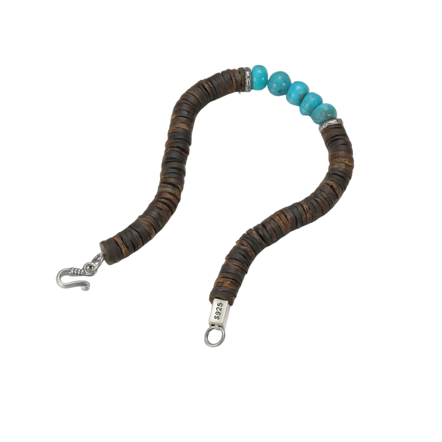 Full view of the grounding bracelet laid out on a white background, highlighting the silver clasp and turquoise stones.