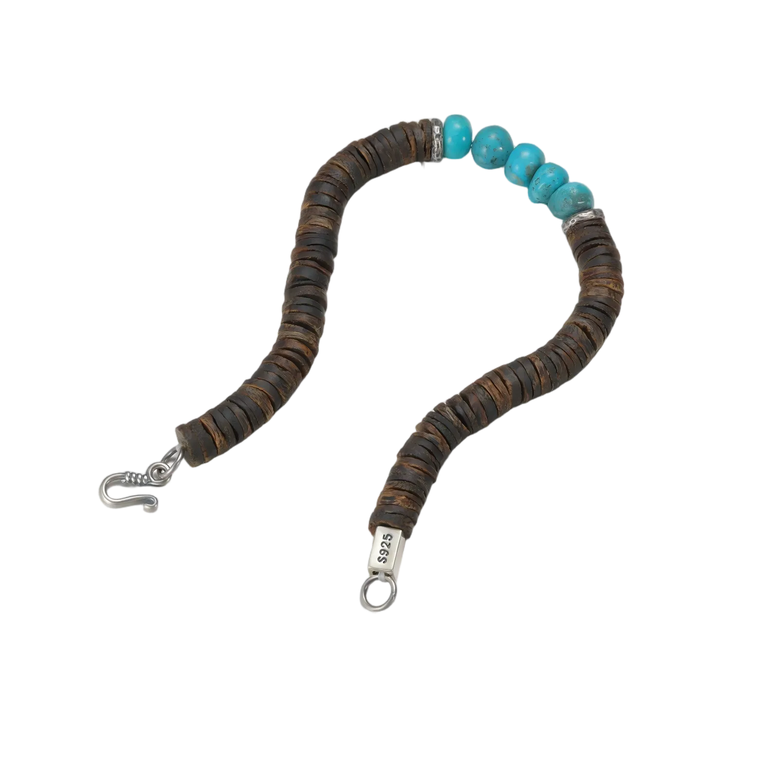 Full view of the grounding bracelet laid out on a white background, highlighting the silver clasp and turquoise stones.