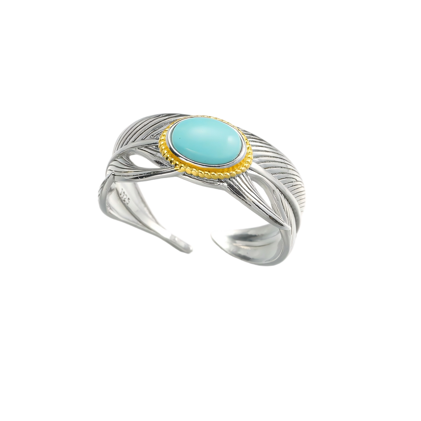 Full view of the Guardian Wing ring on white background, highlighting the contrast between silver and gold bezel.