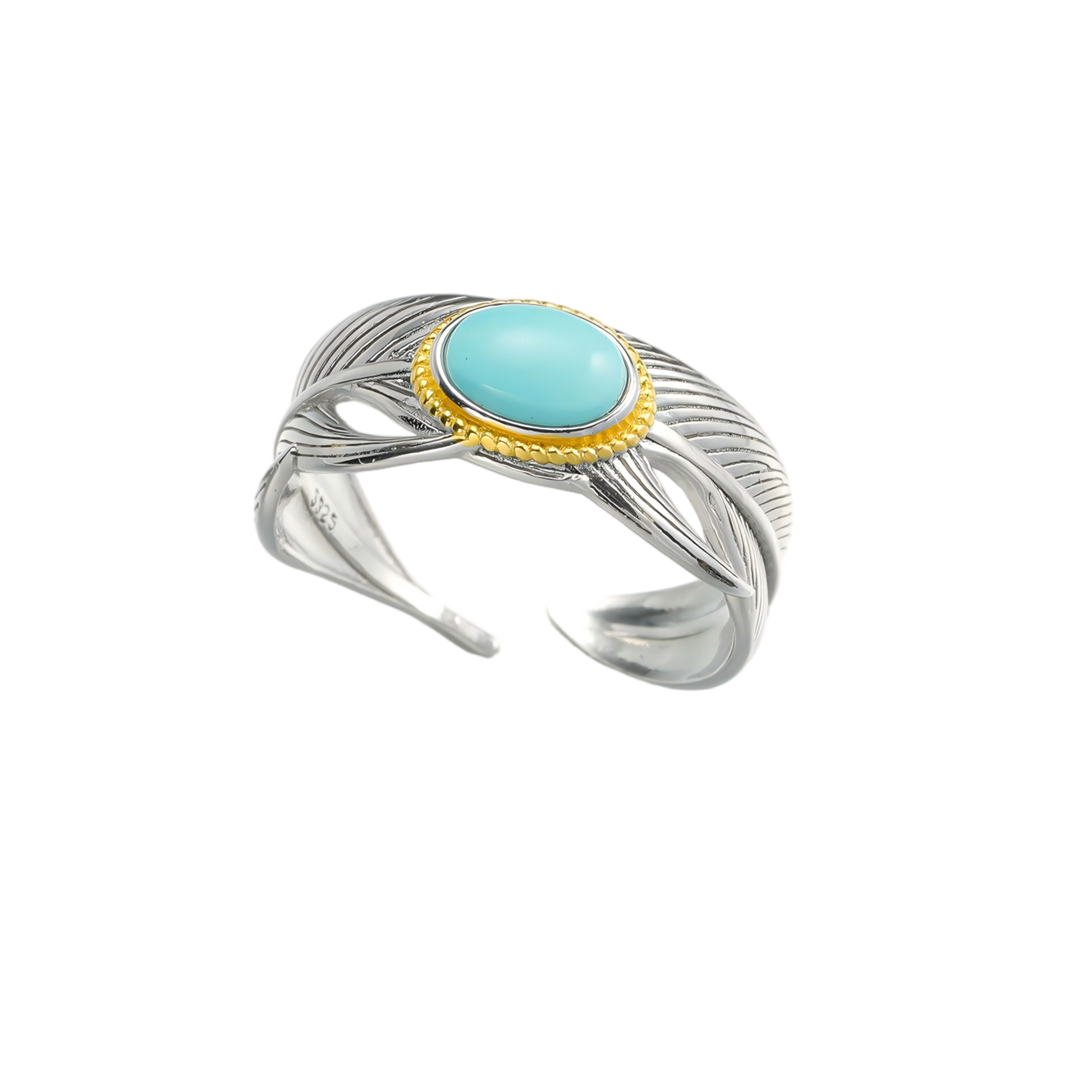 Full view of the Guardian Wing ring on white background, highlighting the contrast between silver and gold bezel.