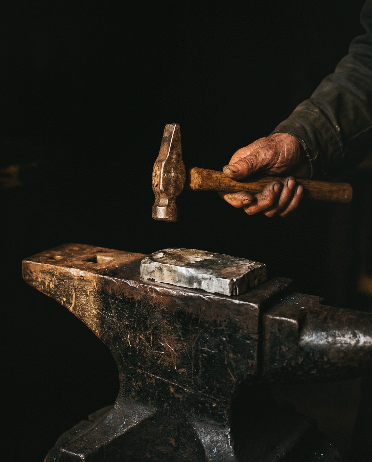A close-up of a traditional master silversmith holding a hammer over an anvil, showcasing the mindful, handcrafted process behind every TashiTurquoise oxidized silver amulet.
