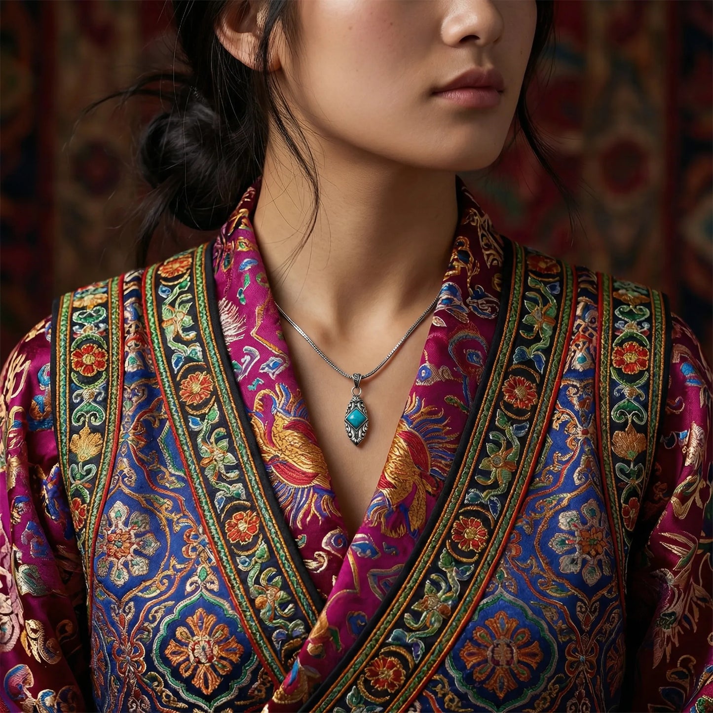Portrait of a woman wearing the Sentinel Crest necklace, showcasing its elegant and grounding presence.
