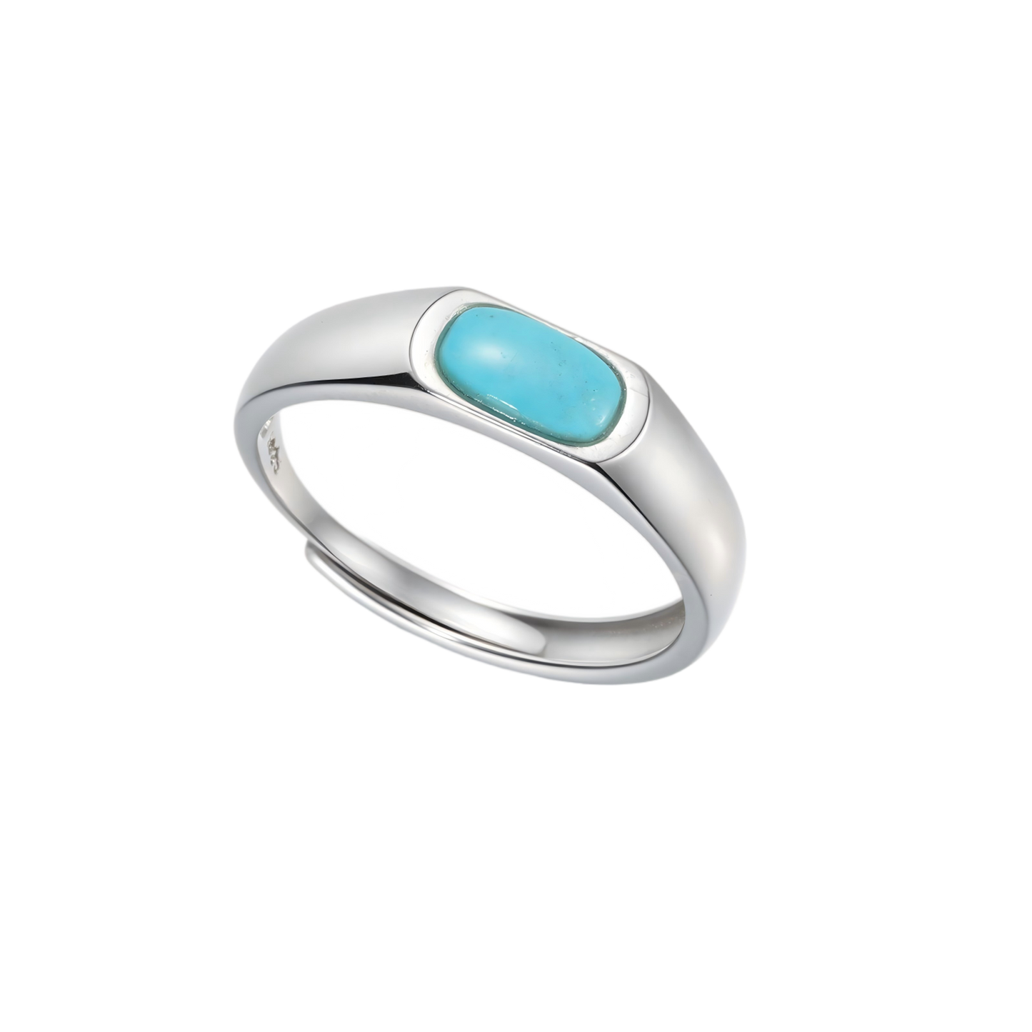 Top-down view of the Horizon ring on white background, emphasizing the linear alignment of the turquoise stone.