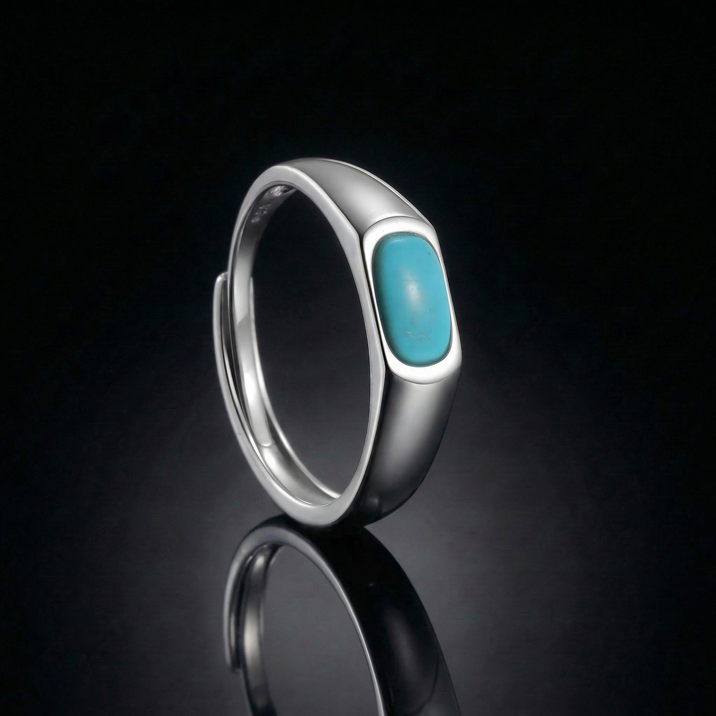 The Horizon Ring featuring a horizontal elongated Tibetan turquoise in a polished silver signet band.