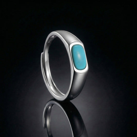 The Horizon Ring featuring a horizontal elongated Tibetan turquoise in a polished silver signet band.
