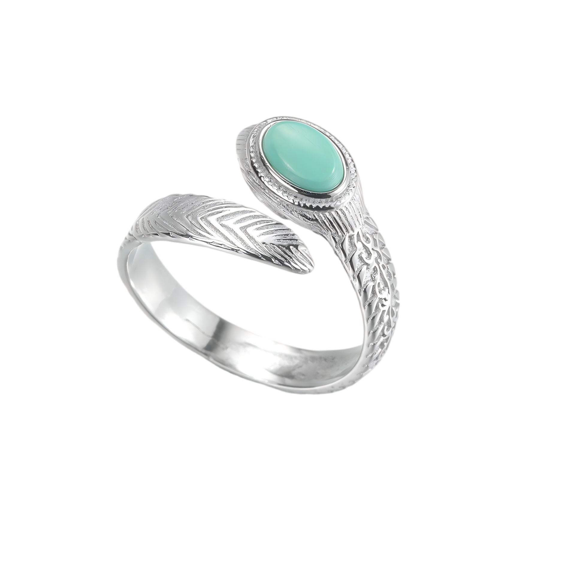 Top view of the Insight Feather ring on a white background, highlighting the turquoise "eye."