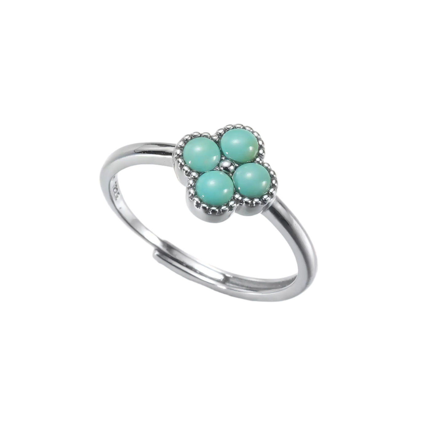 Full view of the Mandala ring on white background, highlighting the adjustable silver band and stones.