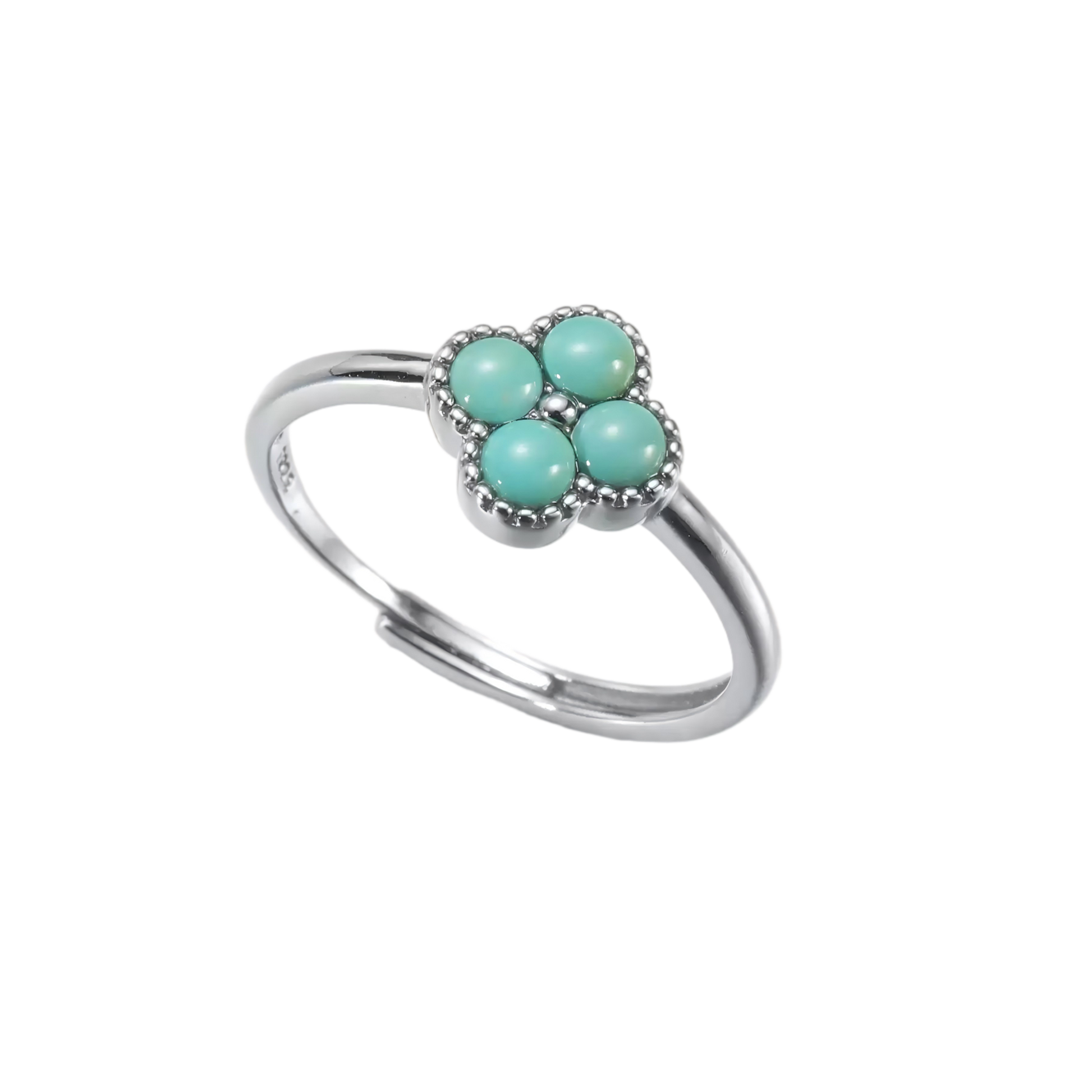 Full view of the Mandala ring on white background, highlighting the adjustable silver band and stones.
