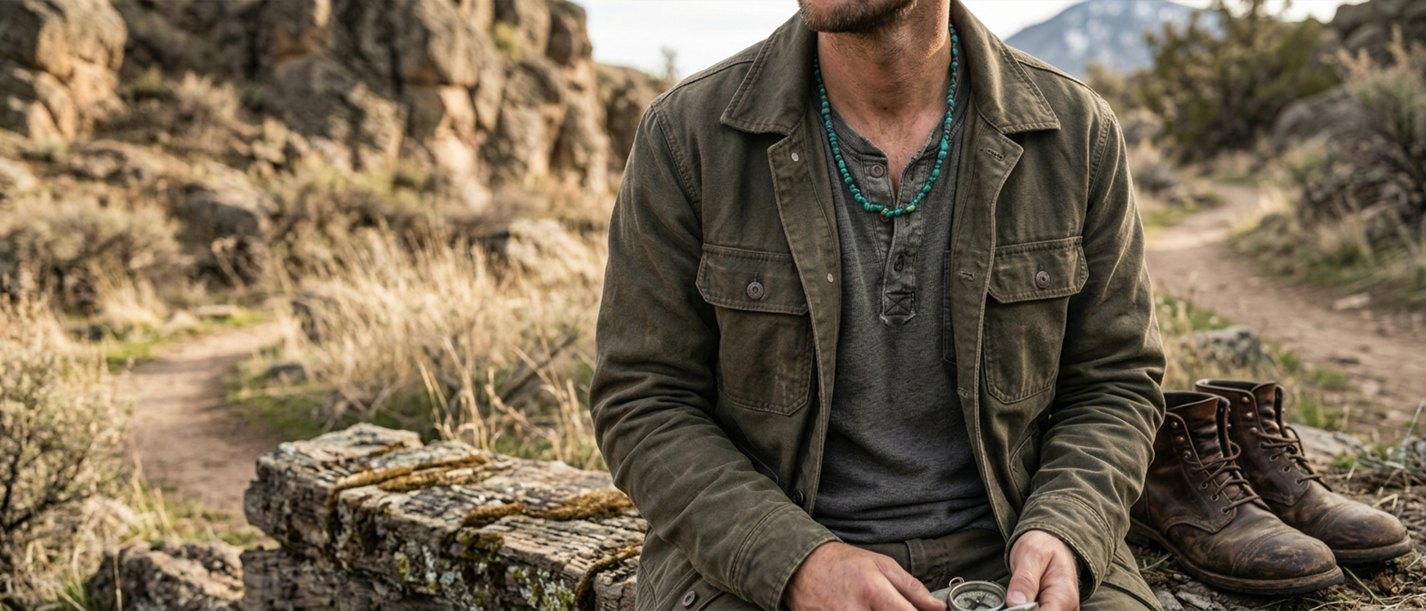 A rugged man resting outdoors on a rocky trail, wearing a men's Tibetan turquoise beaded necklace with a canvas jacket. Representing authentic Himalayan jewelry as a grounding stone for life's adventures.