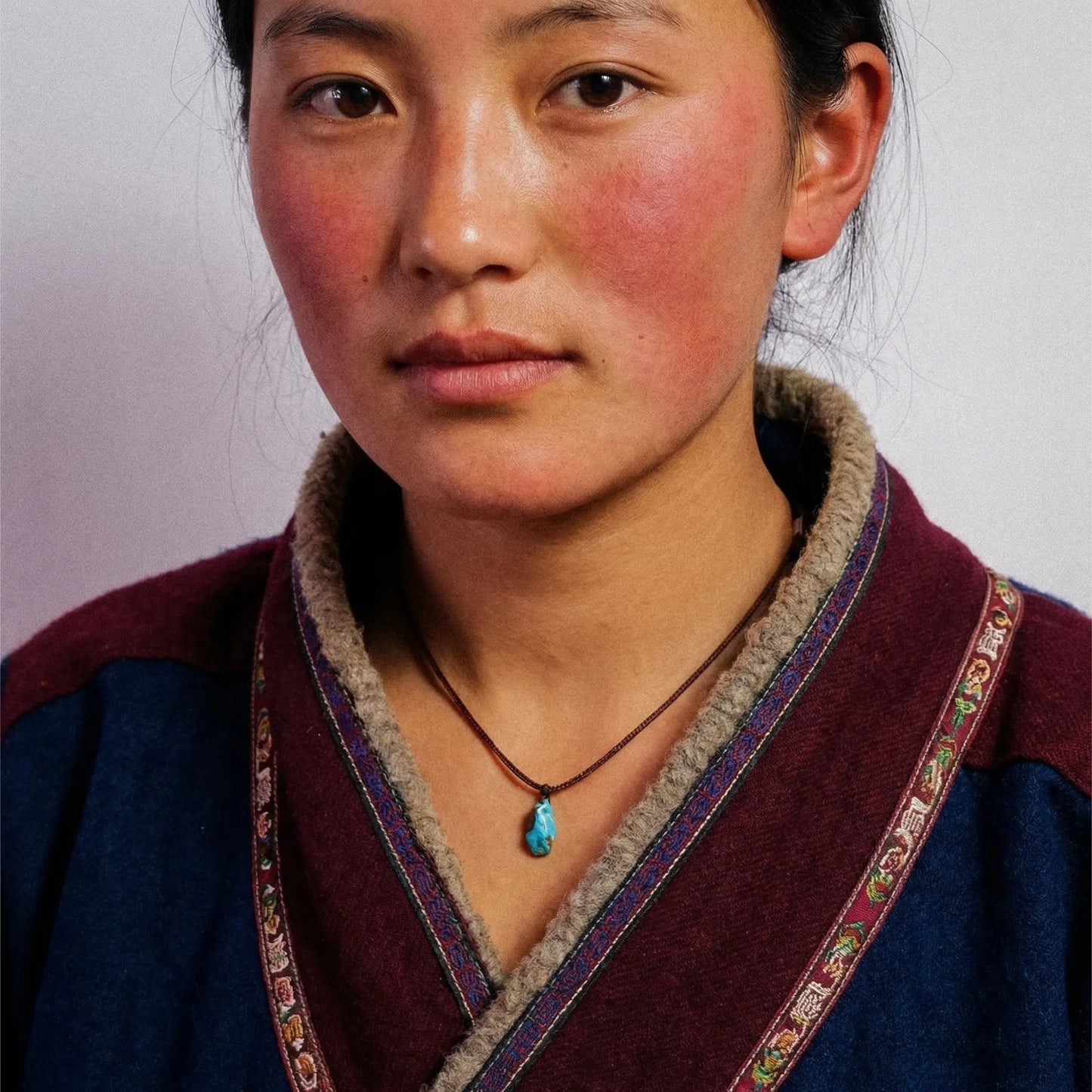Front view of the solitary stone necklace on a model, showcasing its organic shape and spiritual style.