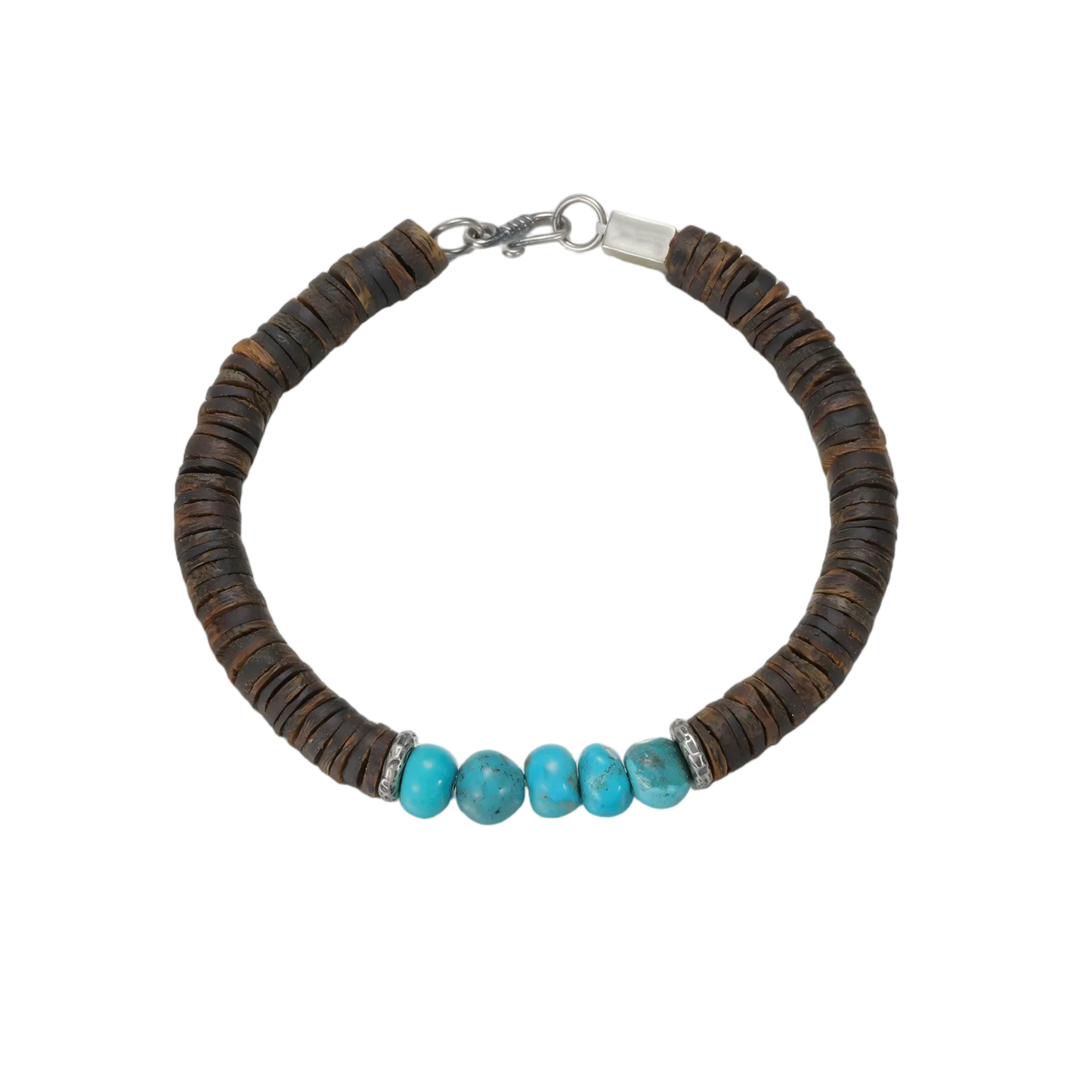 Full circle view of the Tibetan turquoise and organic disc bead bracelet on a white background.