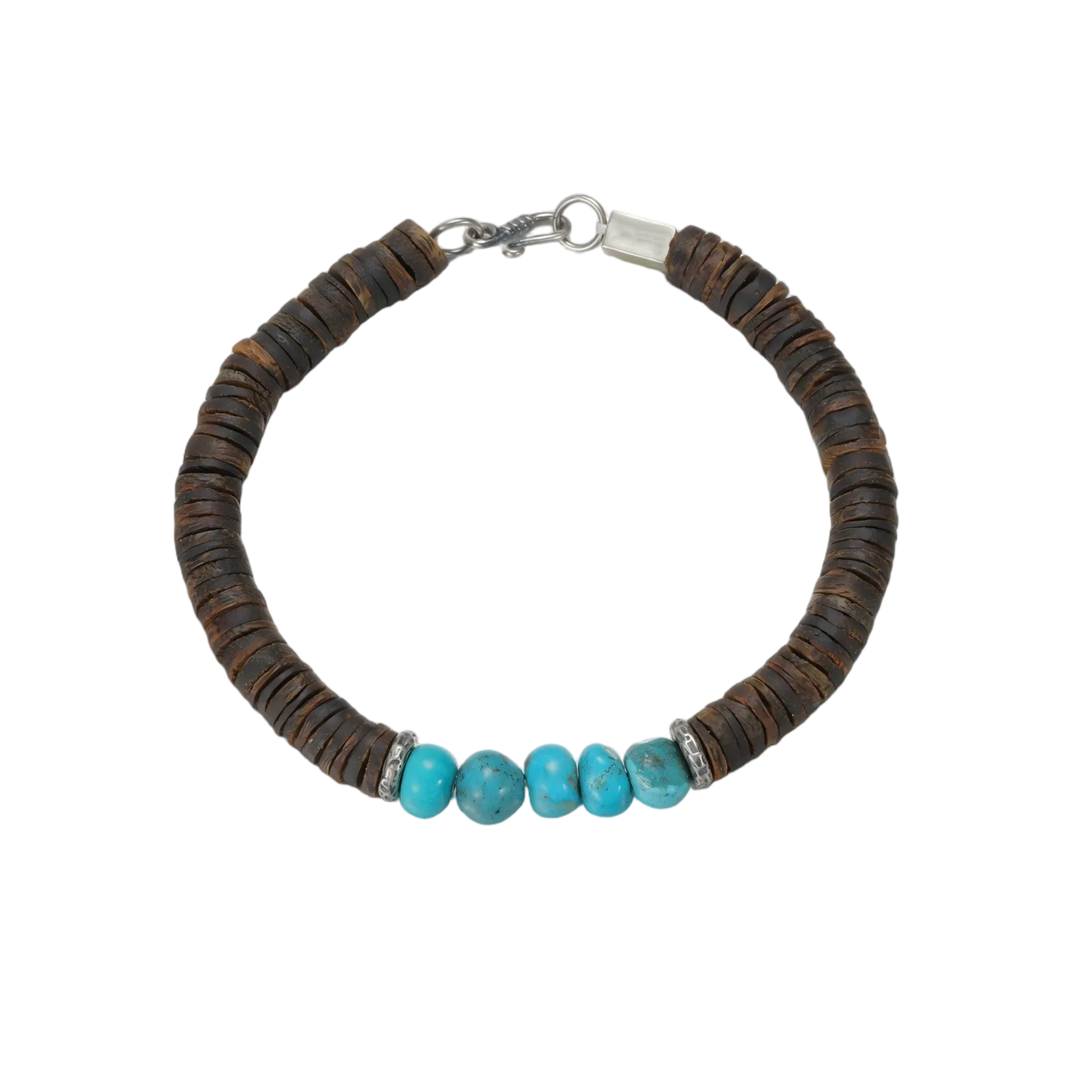 Full circle view of the Tibetan turquoise and organic disc bead bracelet on a white background.