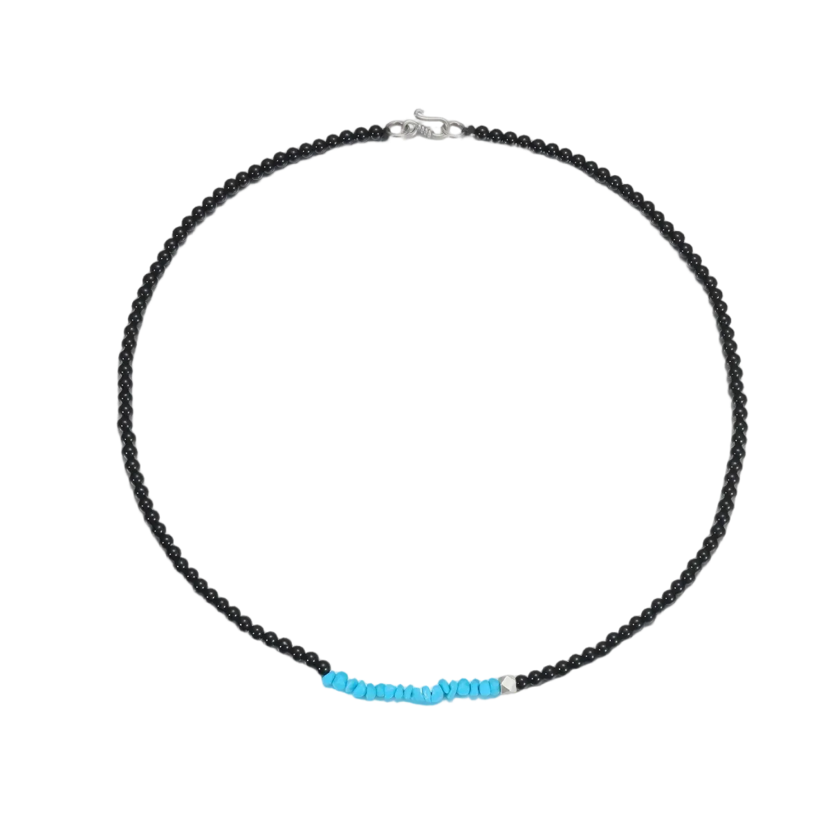Full circle view of the Quiet Dawn Tibetan turquoise and grounding stone necklace on a white background.