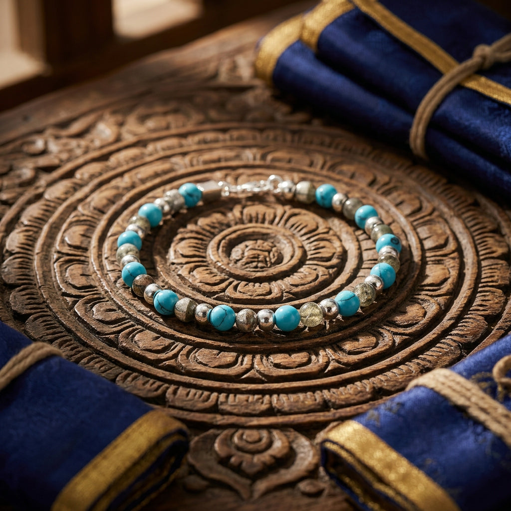 A natural stone talisman resting on a carved wooden display, making it a meaningful keepsake gift.