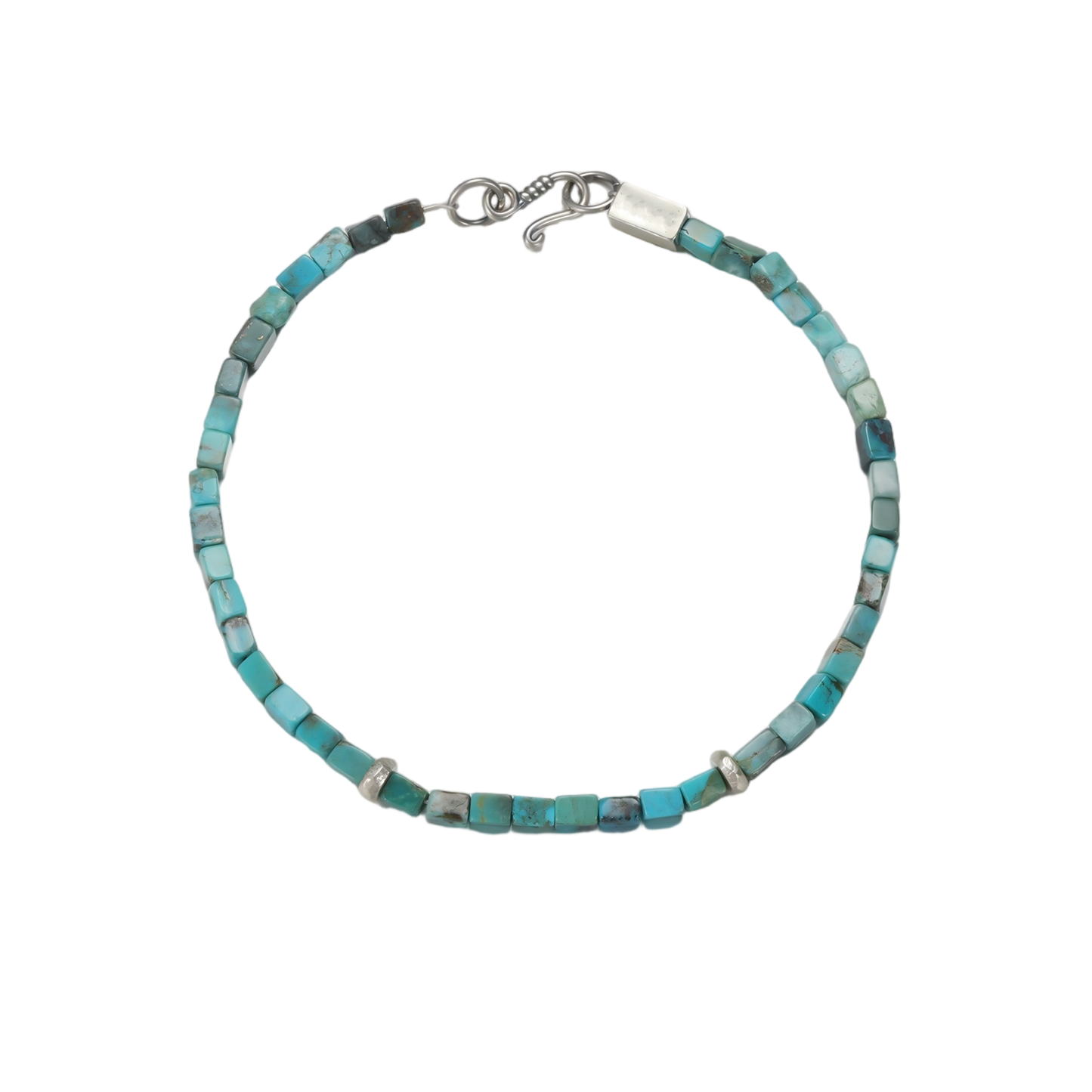 Full view of the Clarity Tibetan turquoise cube bracelet on a white background, highlighting the silver clasp.