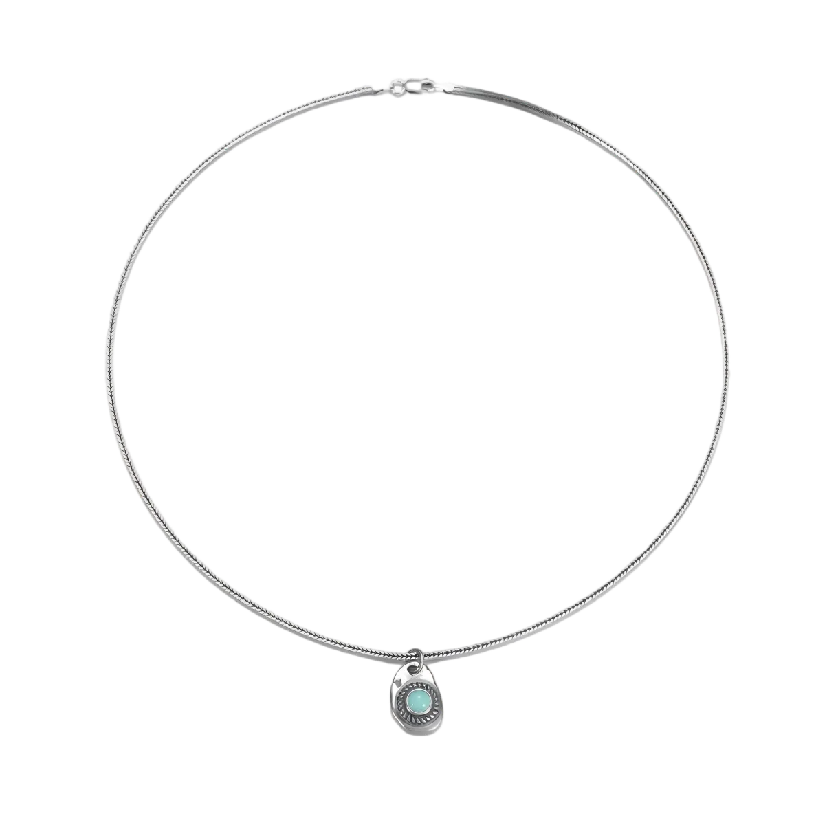 Full circle view of the Solar Amulet Tibetan turquoise necklace on a clean white background.