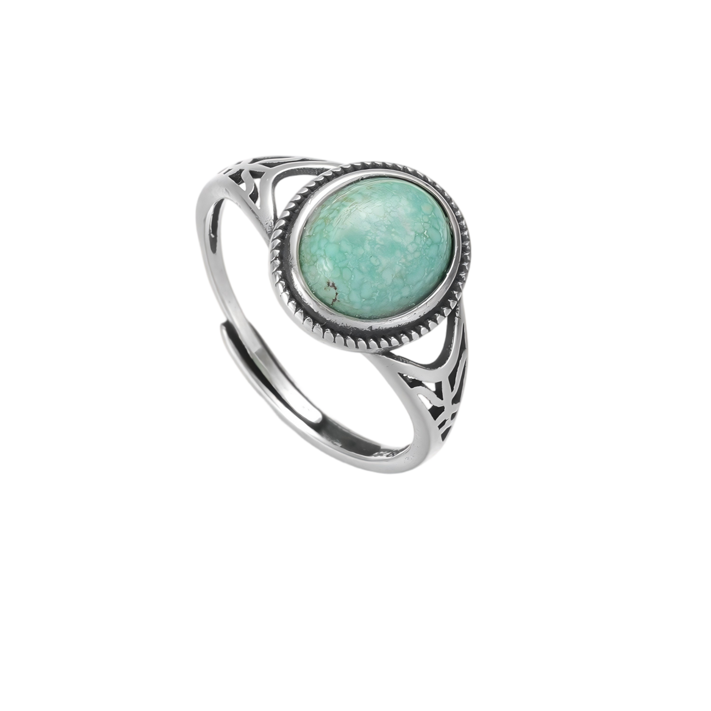 Top view of the Nomad's Shield turquoise ring on a white background, highlighting the rope texture.