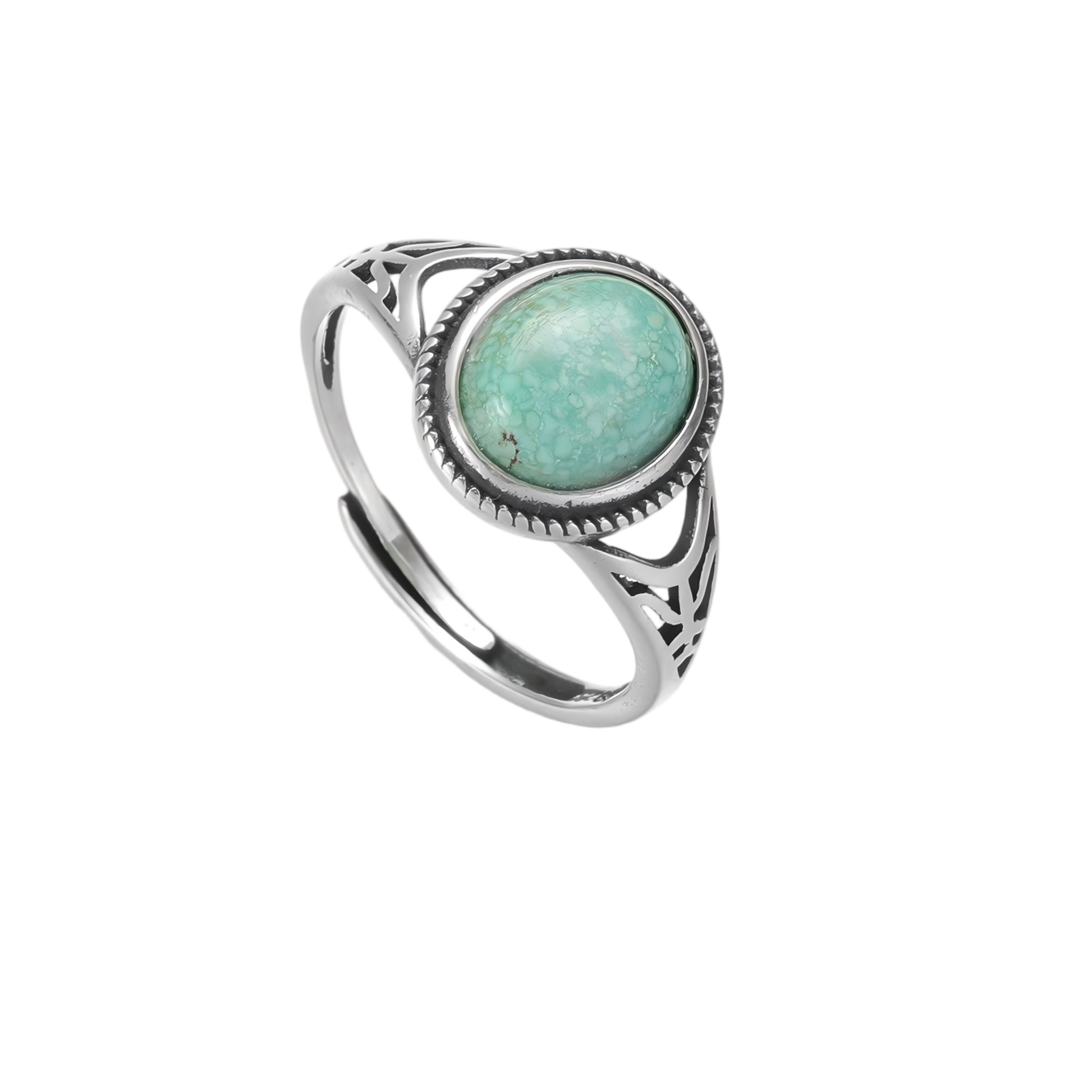 Top view of the Nomad's Shield turquoise ring on a white background, highlighting the rope texture.